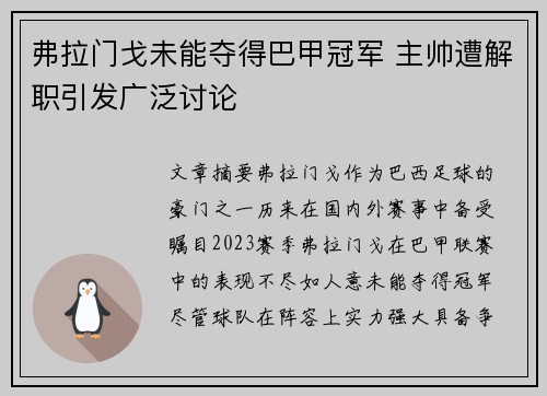弗拉门戈未能夺得巴甲冠军 主帅遭解职引发广泛讨论 弗拉门戈未能夺得巴甲冠军 主帅遭解职引发广泛讨论